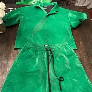 Fashion Nova Green Latex Button Down Shirt and Shorts